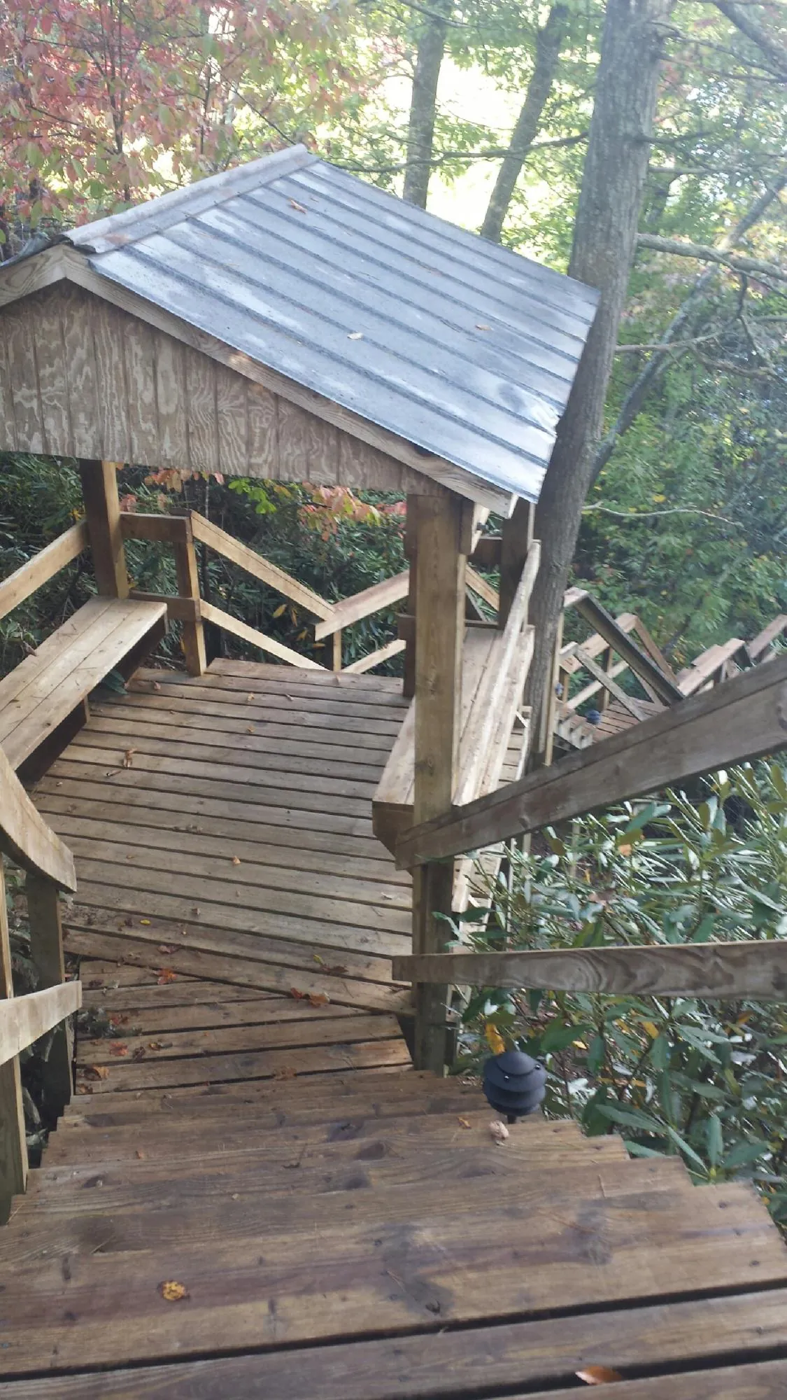 Metal roofed shelter over wooden steps on a wooded walkway — Skylight Repair & Installation work by our crew in Condon